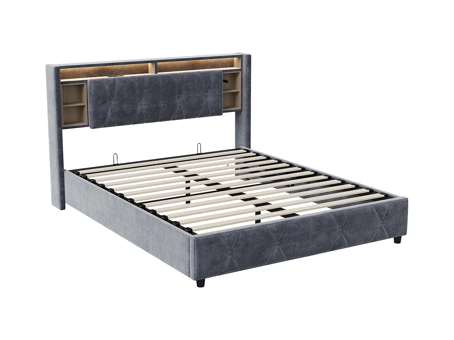 Cama de armazenamento 160x200 com USB e armazenamento, cama estofada com base de ripas, cama de casal, cinza