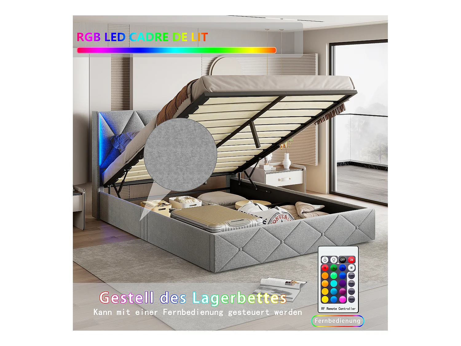 Letto contenitore 160x200 cm, testiera con LED, letto matrimoniale con rete a doghe, velluto, beige