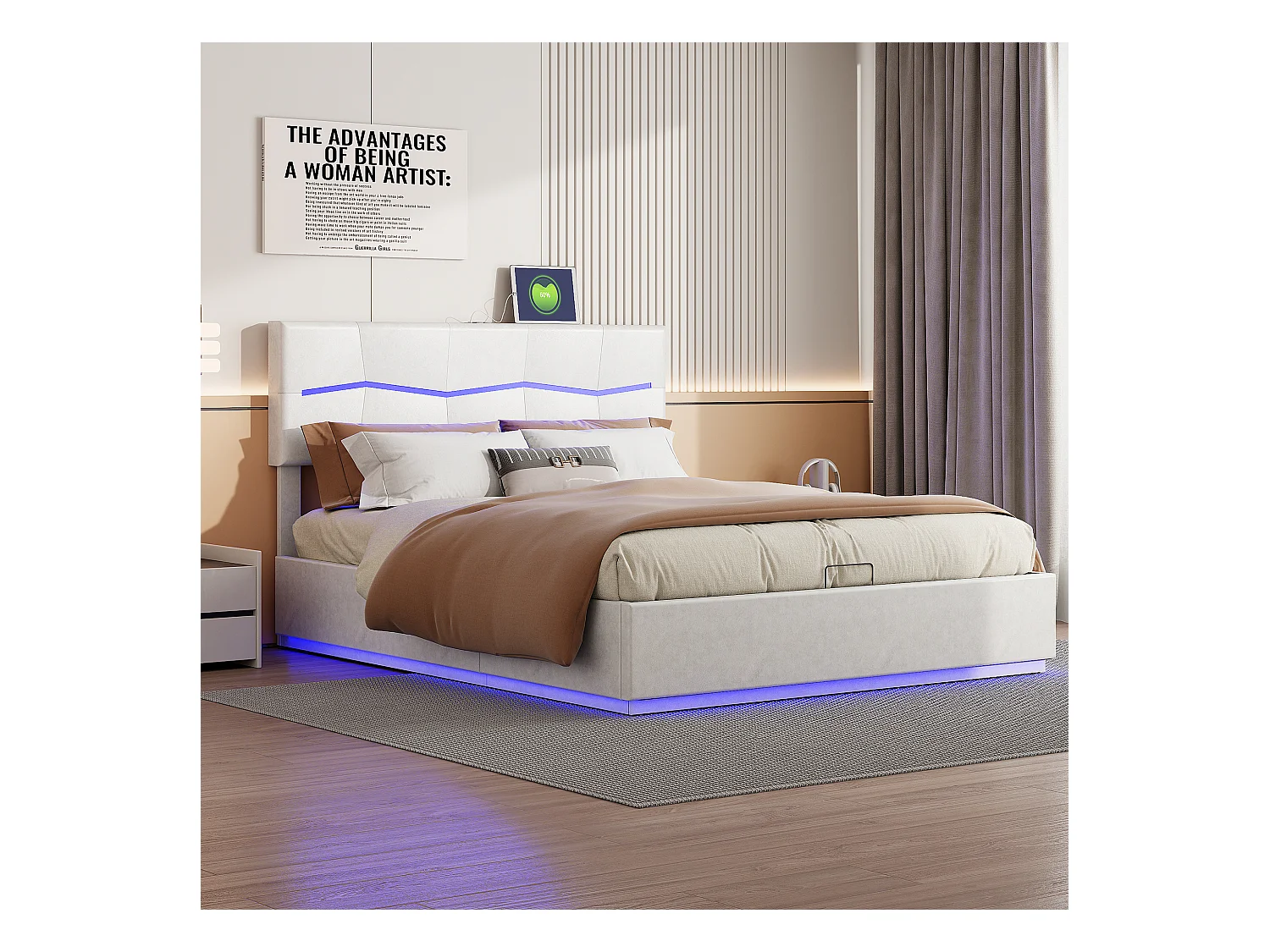 Lit Coffre 140x200 Cm Avec LED Et USB, Lit Double Avec Grand Rangement, Pu, Blanc