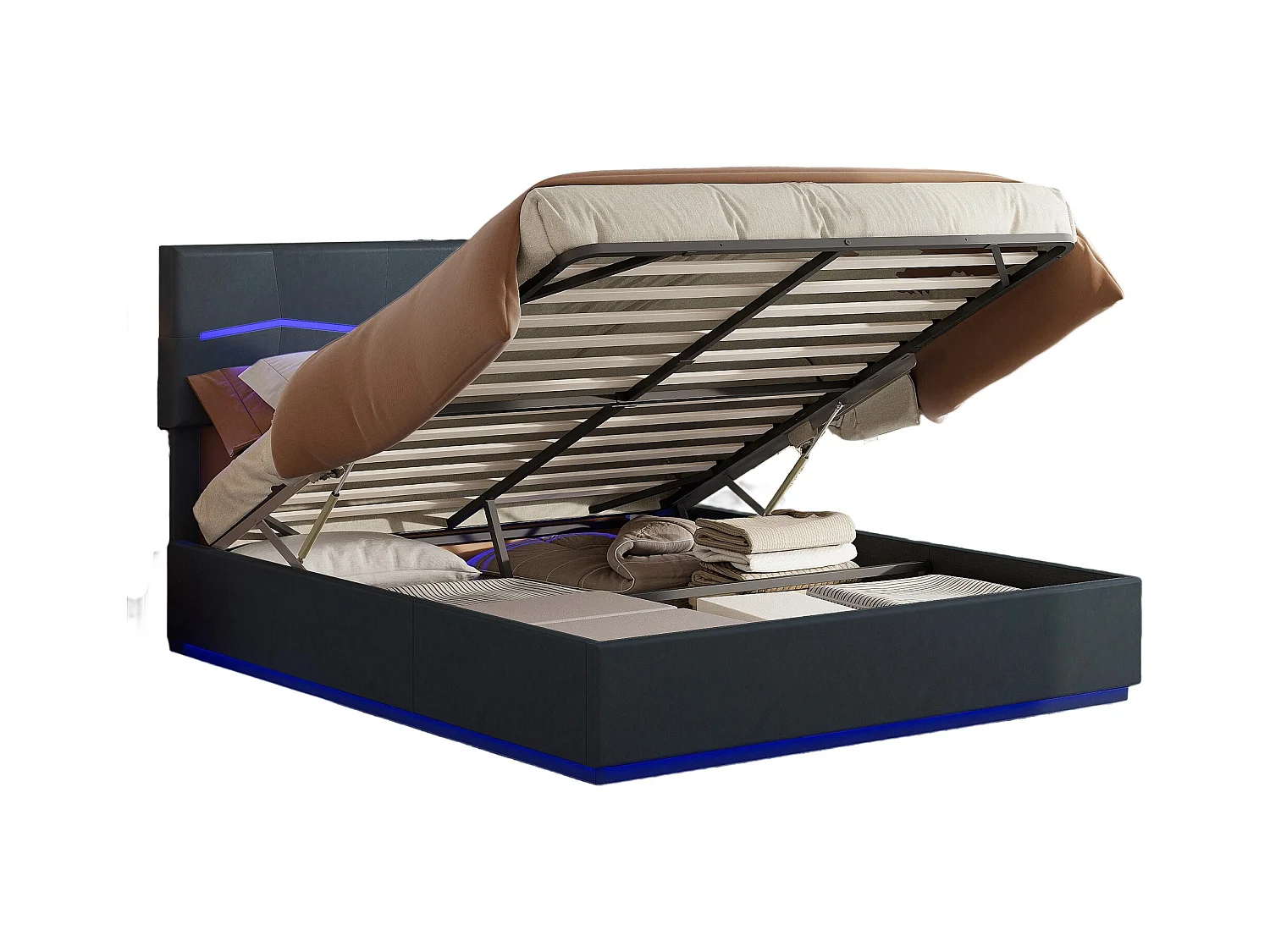 180x200 Stauraumbett mit LED und USB, Polsterbett mit Lattenrost, Doppelbett, Schwarz