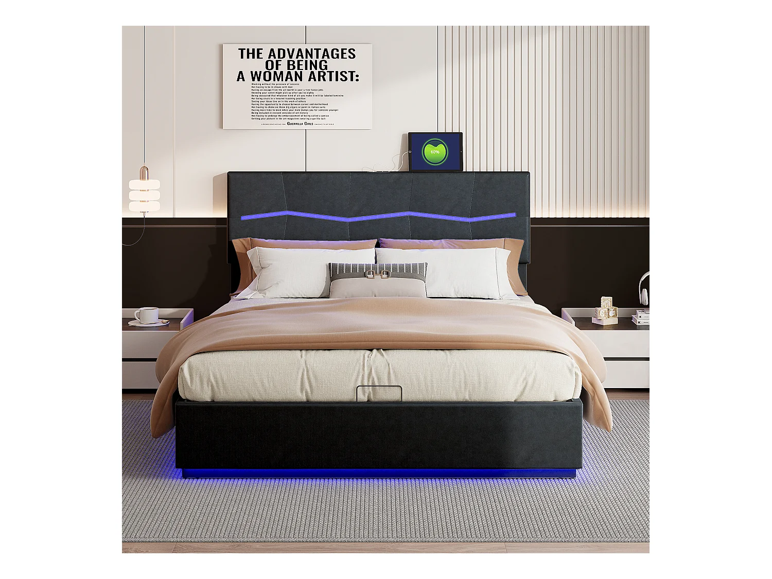 180x200 Stauraumbett mit LED und USB, Polsterbett mit Lattenrost, Doppelbett, Schwarz