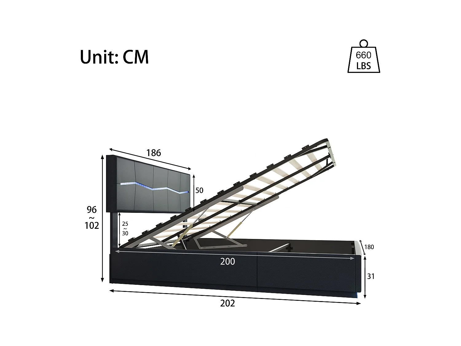 180x200 Stauraumbett mit LED und USB, Polsterbett mit Lattenrost, Doppelbett, Schwarz