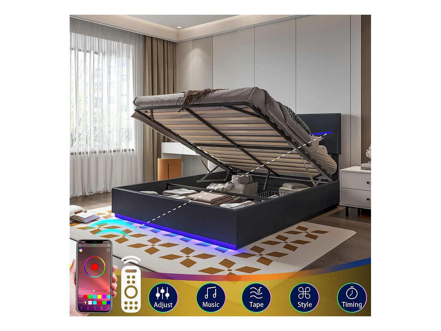 180x200 Stauraumbett mit LED und USB, Polsterbett mit Lattenrost, Doppelbett, Schwarz