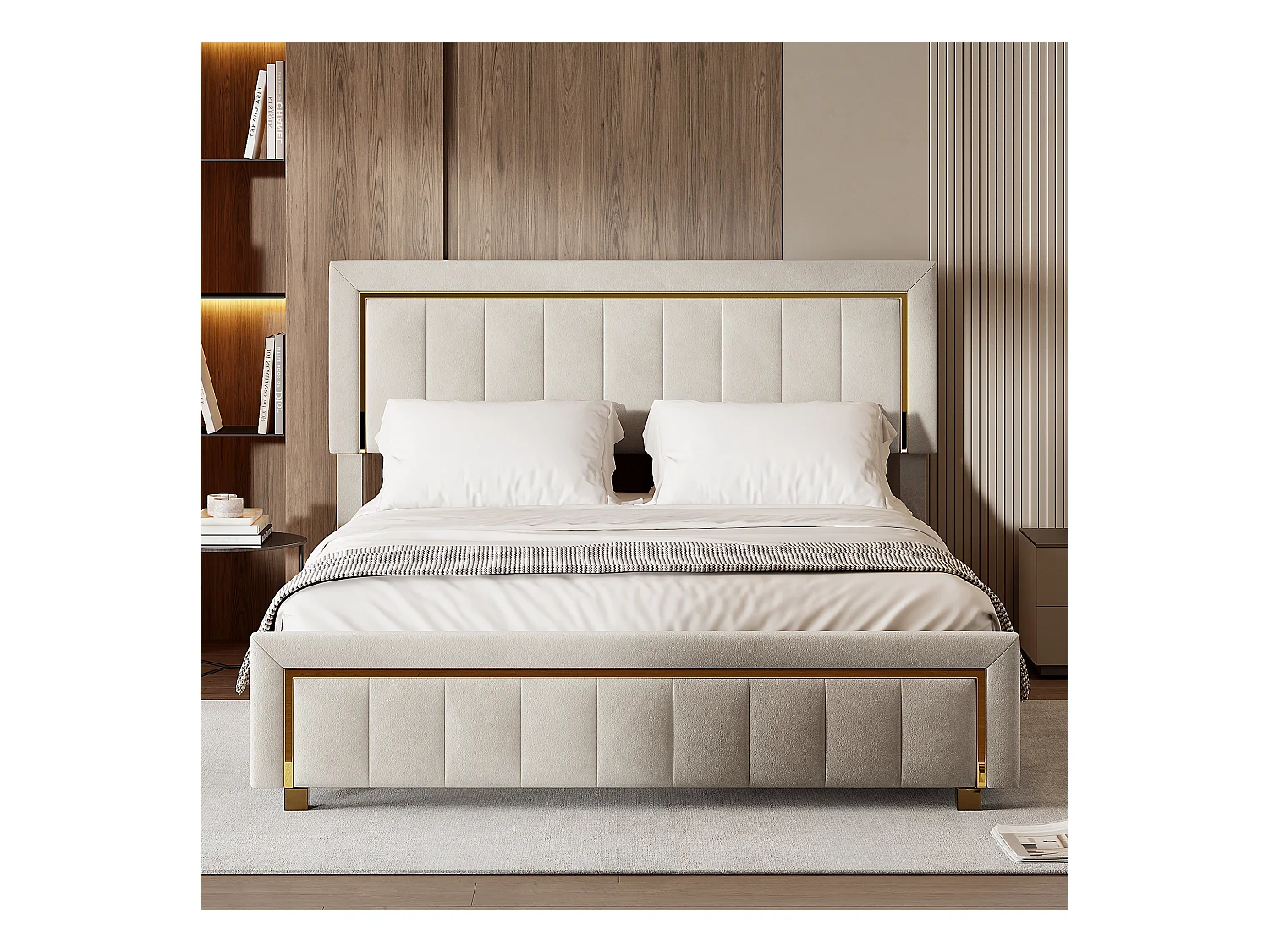 Lit 160x200 Cm, Lit Coffre Avec Rangement, Cadre De Lit Avec Tête De Lit, Velours, Beige