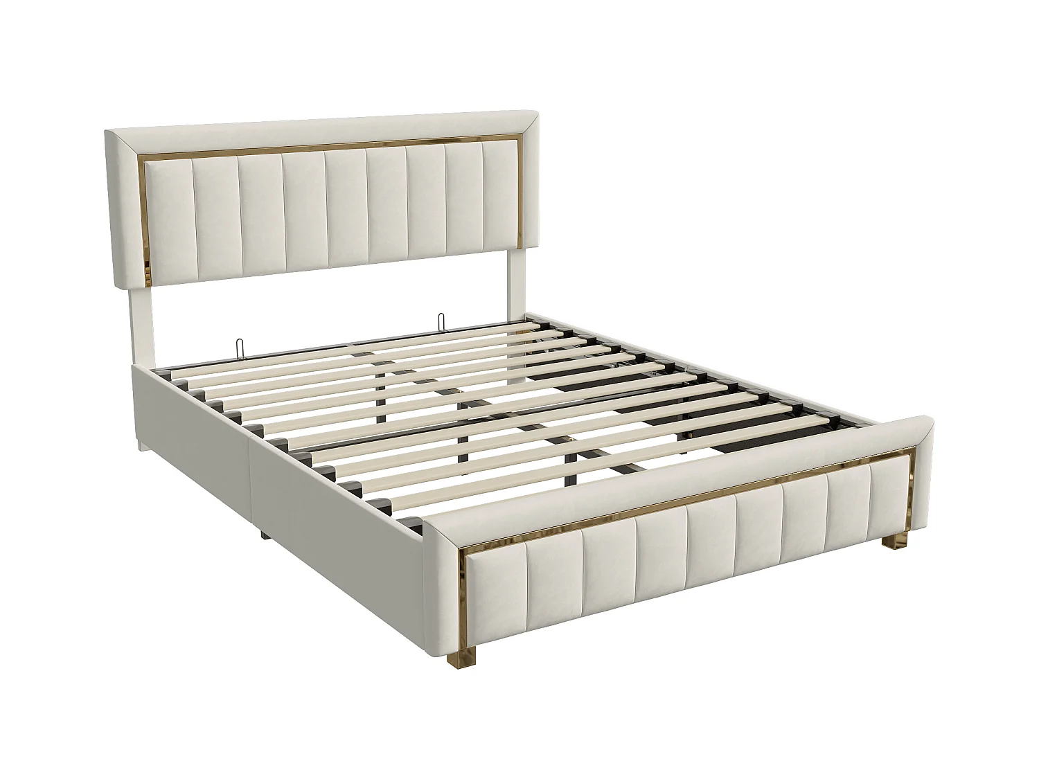 Lit 160x200 Cm, Lit Coffre Avec Rangement, Cadre De Lit Avec Tête De Lit, Velours, Beige