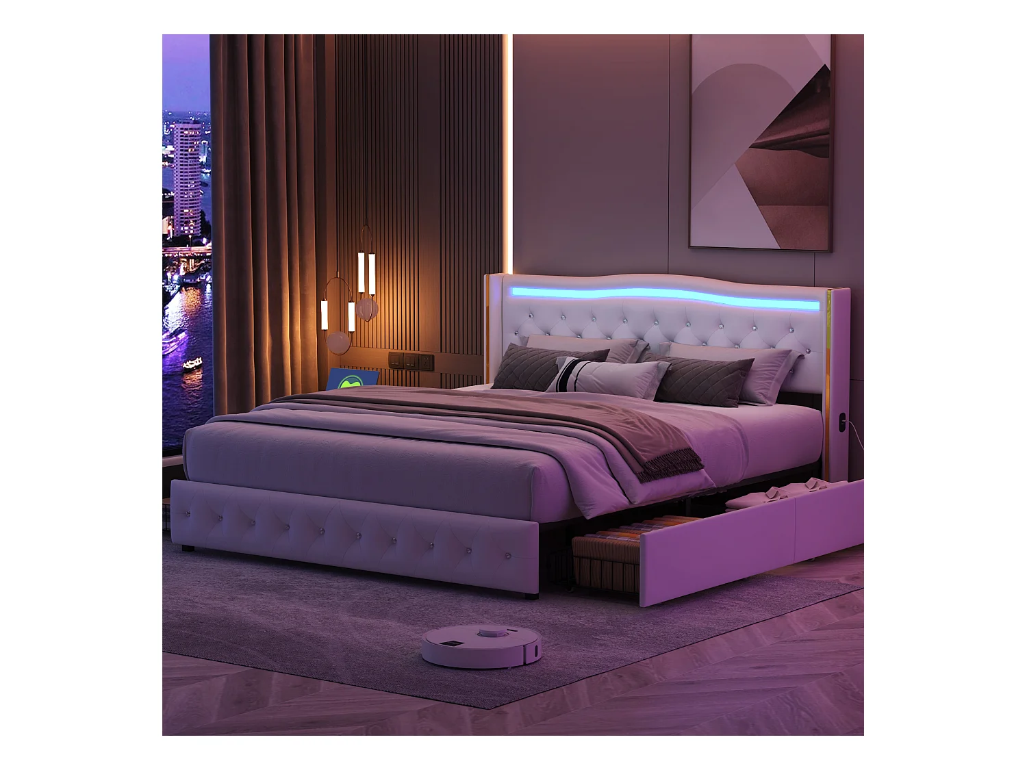 Lit 140x200 Cm, Sommier LED Et USB, Coffre, Tête Capitonnée, 4 Tiroirs, Lattes En Bois, Pu Blanc