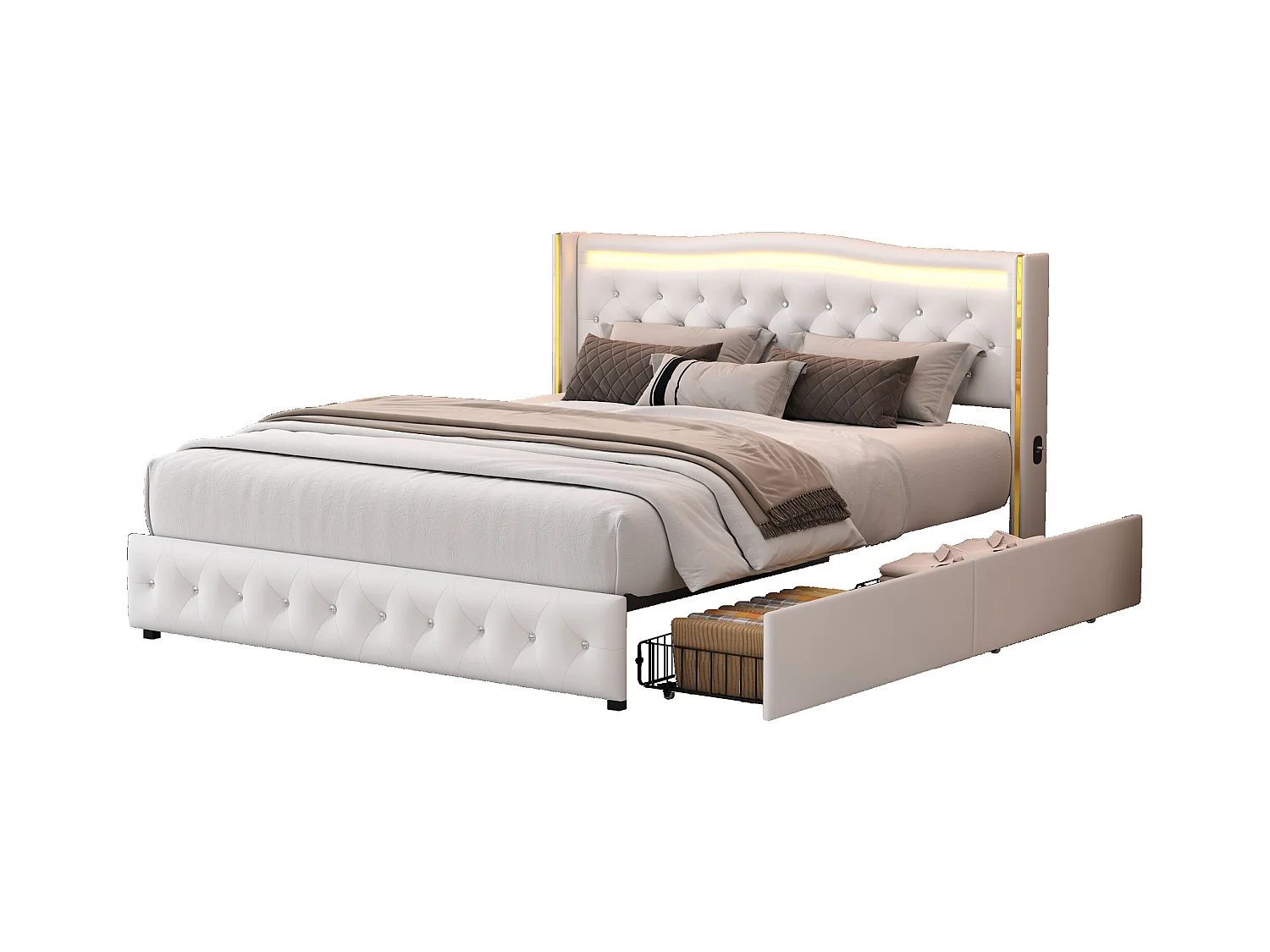 Cama de 140x200 cm, base LED y USB, almacenaje, cabecero tapizado, 4 cajones, láminas de madera, PU blanco