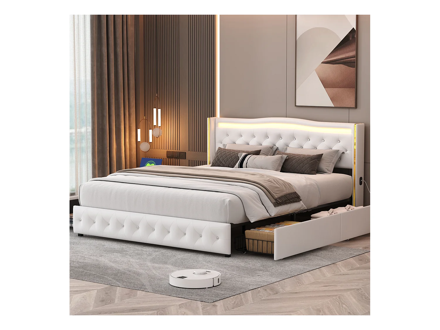 Cama de 140x200 cm, base LED y USB, almacenaje, cabecero tapizado, 4 cajones, láminas de madera, PU blanco