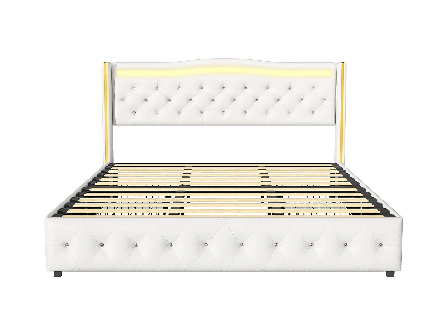 Cama de 140x200 cm, base LED y USB, almacenaje, cabecero tapizado, 4 cajones, láminas de madera, PU blanco