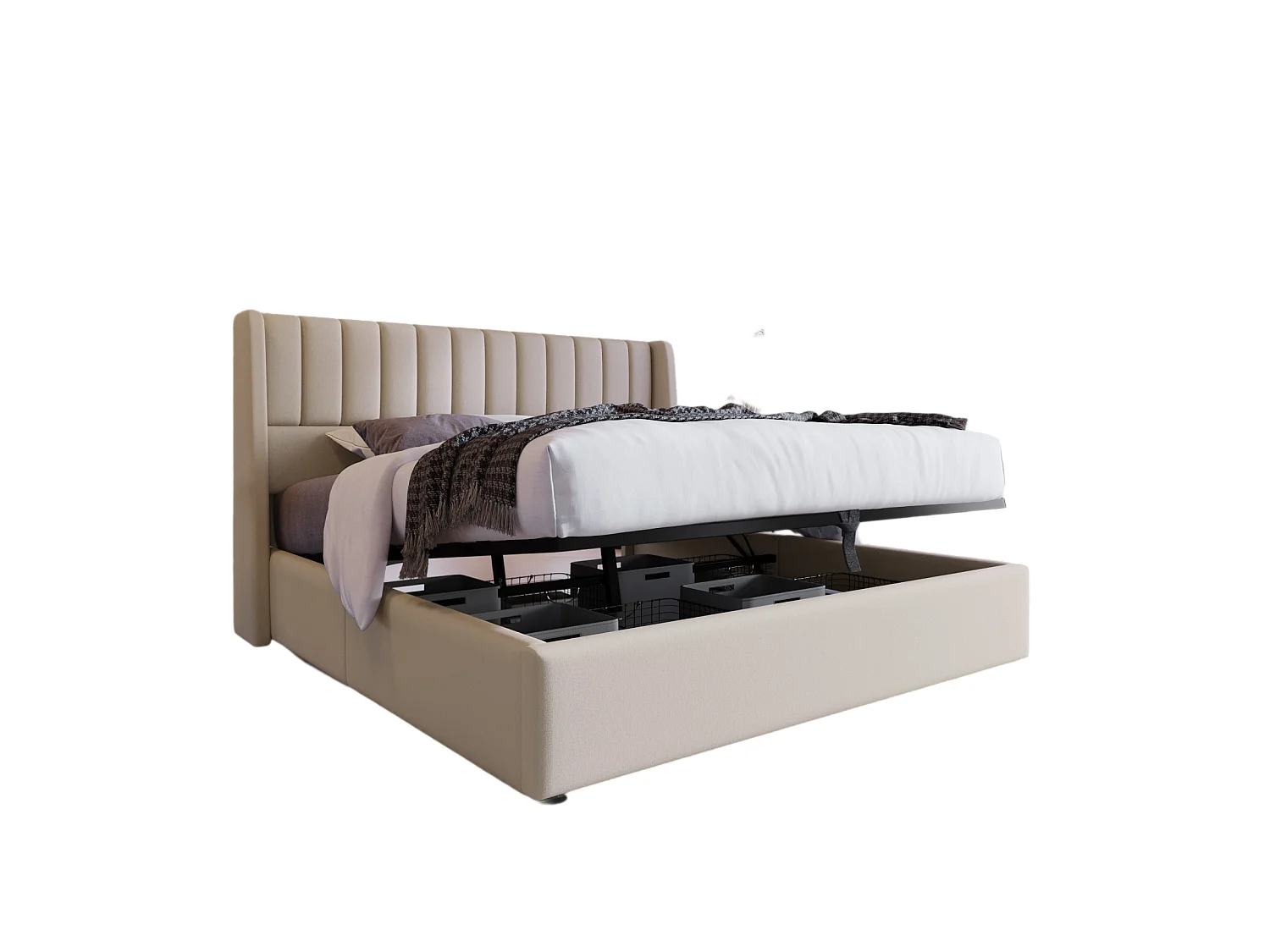 Lit Capitonné,160 X 200 Cm, Avec Sommier à Lattes Hydraulique, Avec Espace De Rangement,beige