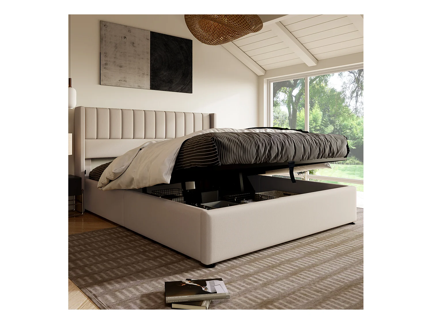 Lit Capitonné,160 X 200 Cm, Avec Sommier à Lattes Hydraulique, Avec Espace De Rangement,beige