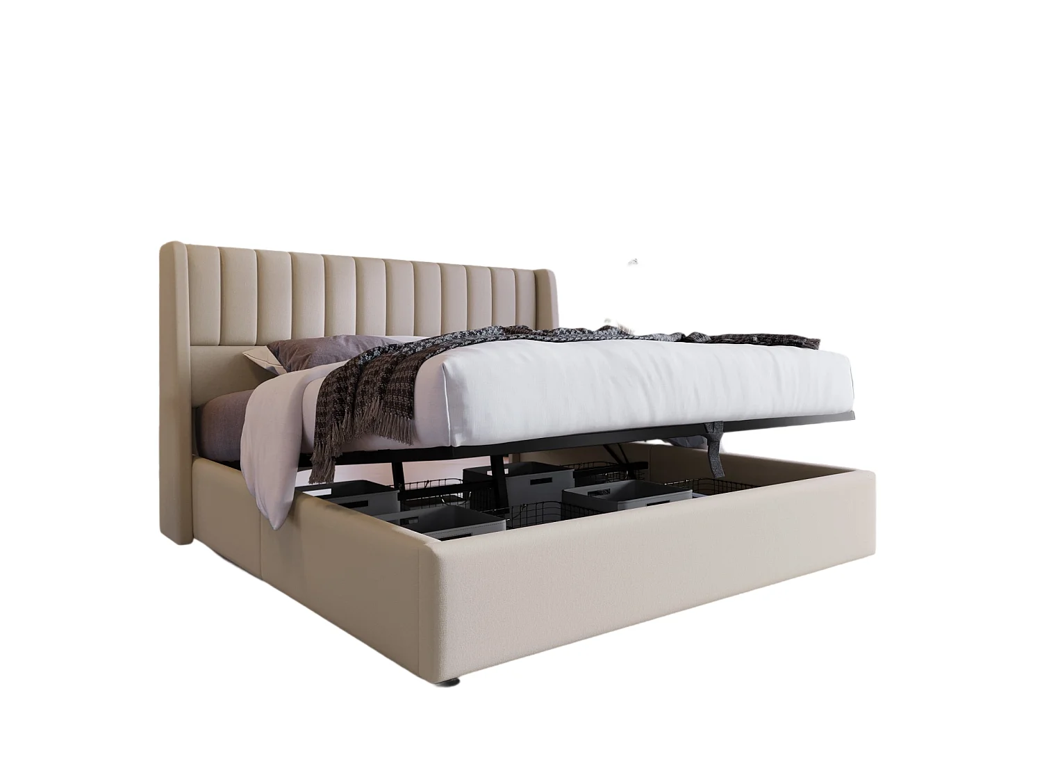 Lit Capitonné,160 X 200 Cm, Avec Sommier à Lattes Hydraulique, Avec Espace De Rangement,beige