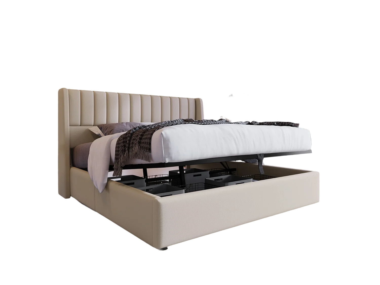 Letto imbottito, 160 x 200 cm, con rete a doghe idraulica, con vano contenitore, beige