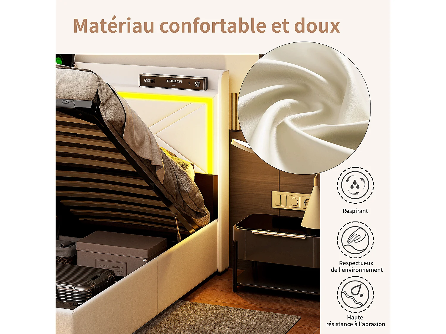 Lit 160x200 Avec Sommier LED Et USB, Lit Coffre 140x200 Avec Rangement Et Tete De Lit, Blanc