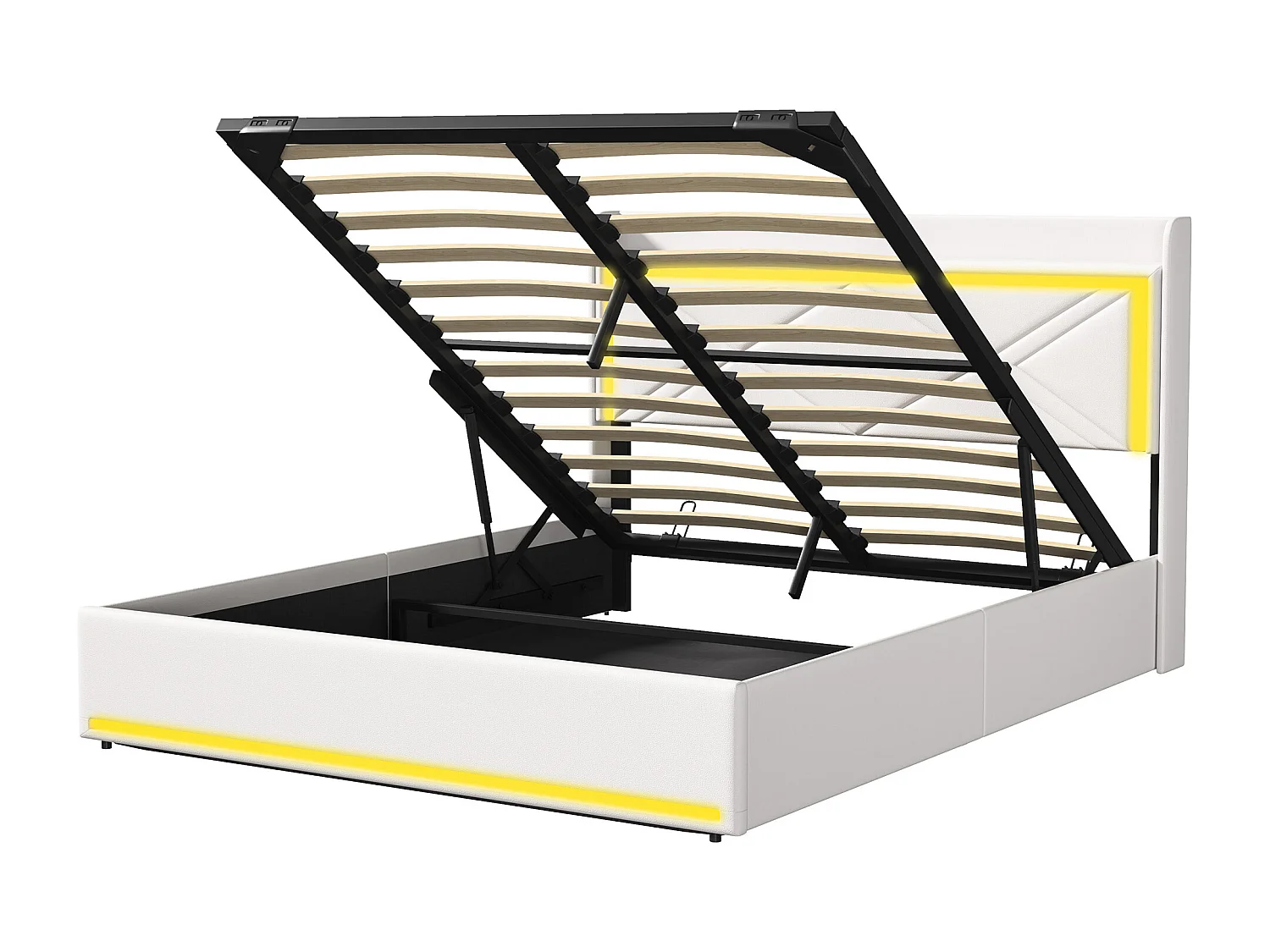 Lit 160x200 Avec Sommier LED Et USB, Lit Coffre 140x200 Avec Rangement Et Tete De Lit, Blanc