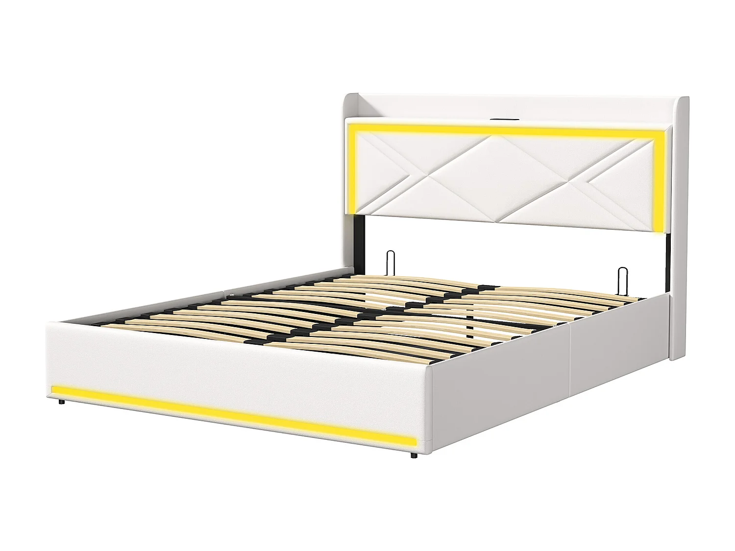 Lit 160x200 Avec Sommier LED Et USB, Lit Coffre 140x200 Avec Rangement Et Tete De Lit, Blanc
