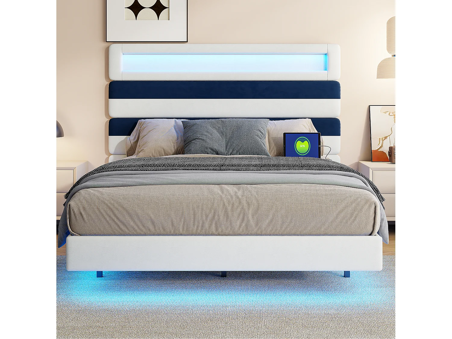 Lit Rembourré 160x200cm Avec USB, Lit D'adolescent, Lit Double Avec LED, Velours, Blanc Et Bleu
