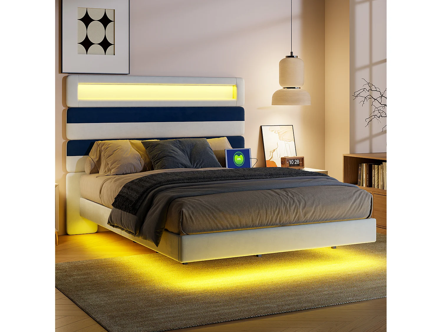 Lit Rembourré 160x200cm Avec USB, Lit D'adolescent, Lit Double Avec LED, Velours, Blanc Et Bleu
