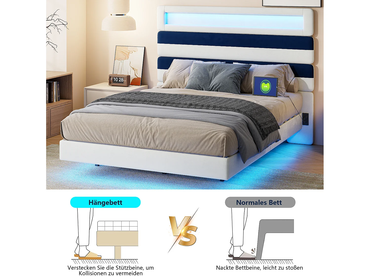 Lit Rembourré 160x200cm Avec USB, Lit D'adolescent, Lit Double Avec LED, Velours, Blanc Et Bleu