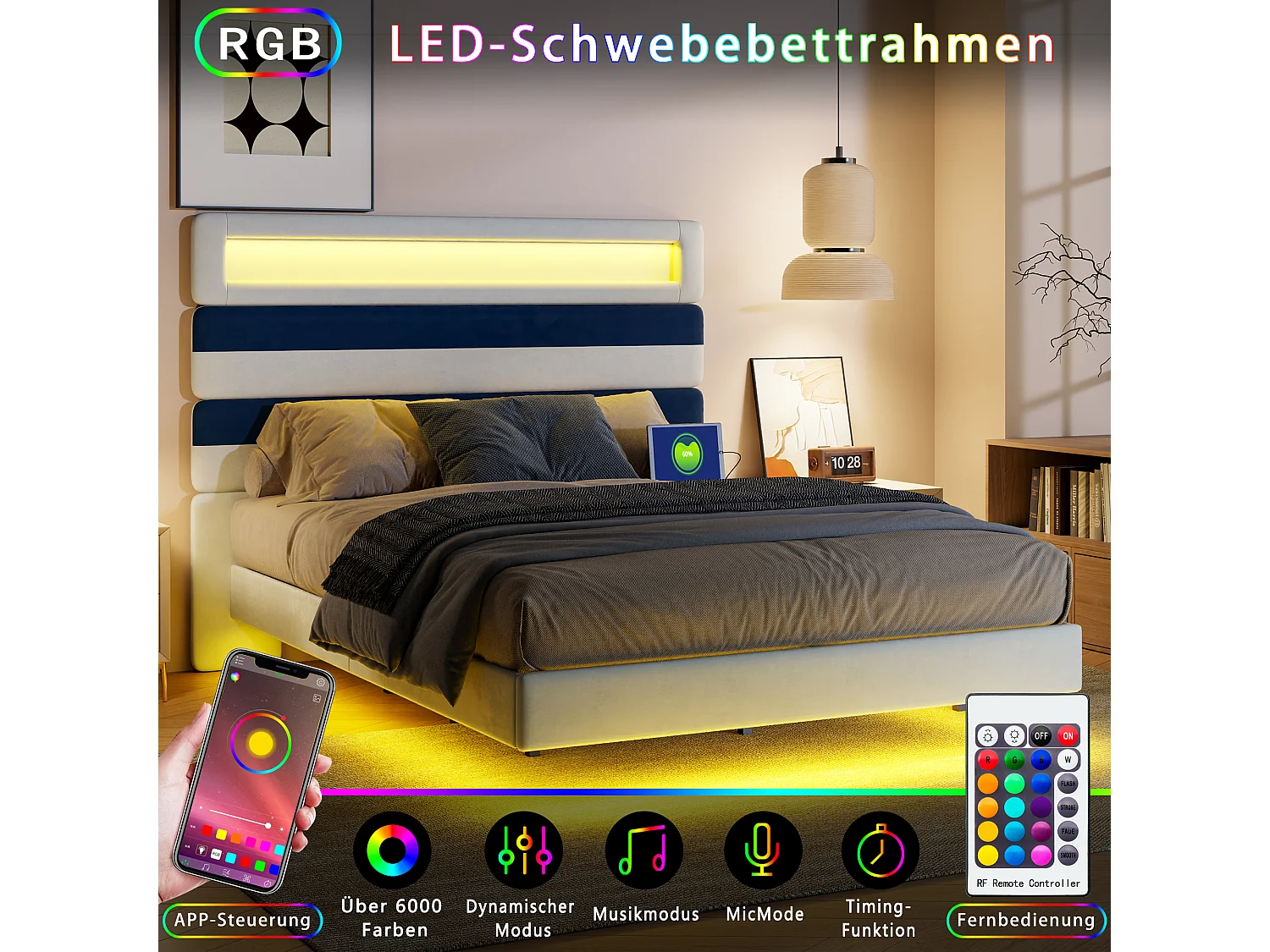 Lit Rembourré 160x200cm Avec USB, Lit D'adolescent, Lit Double Avec LED, Velours, Blanc Et Bleu