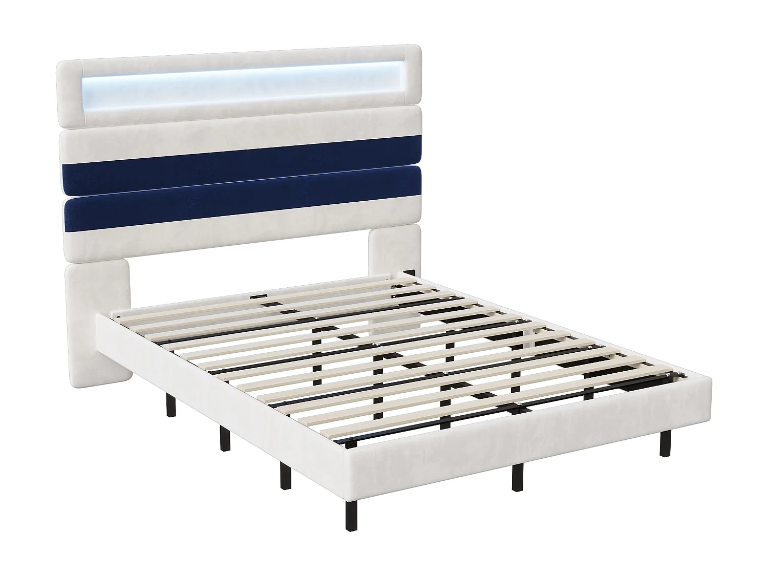 Lit Rembourré 160x200cm Avec USB, Lit D'adolescent, Lit Double Avec LED, Velours, Blanc Et Bleu
