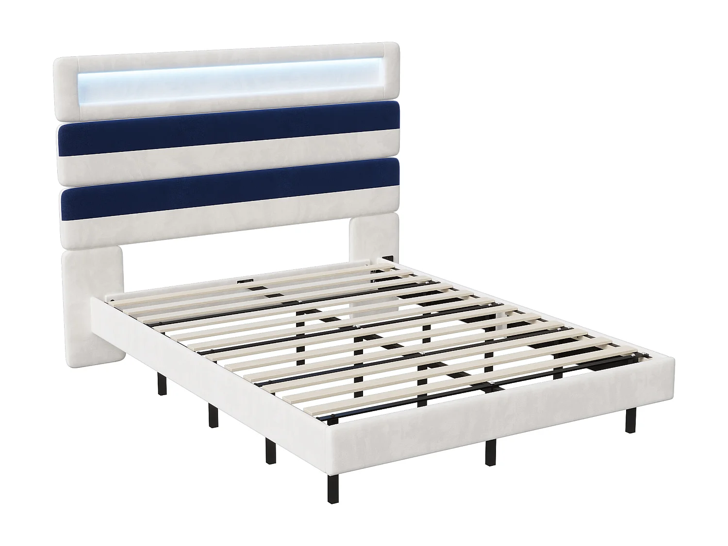 Lit Rembourré 160x200cm Avec USB, Lit D'adolescent, Lit Double Avec LED, Velours, Blanc Et Bleu
