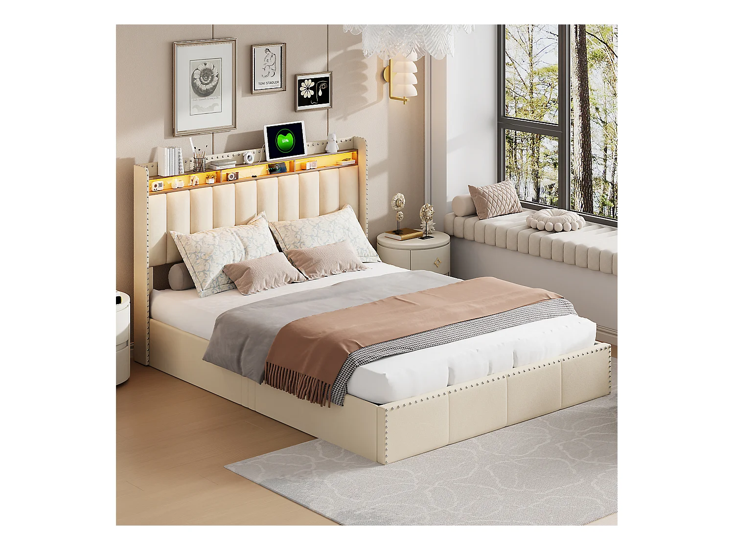 Lit Coffre 140x200 Cm, LED, Sommier à Lattes, USB Type-c, Capitonné Velours Beige