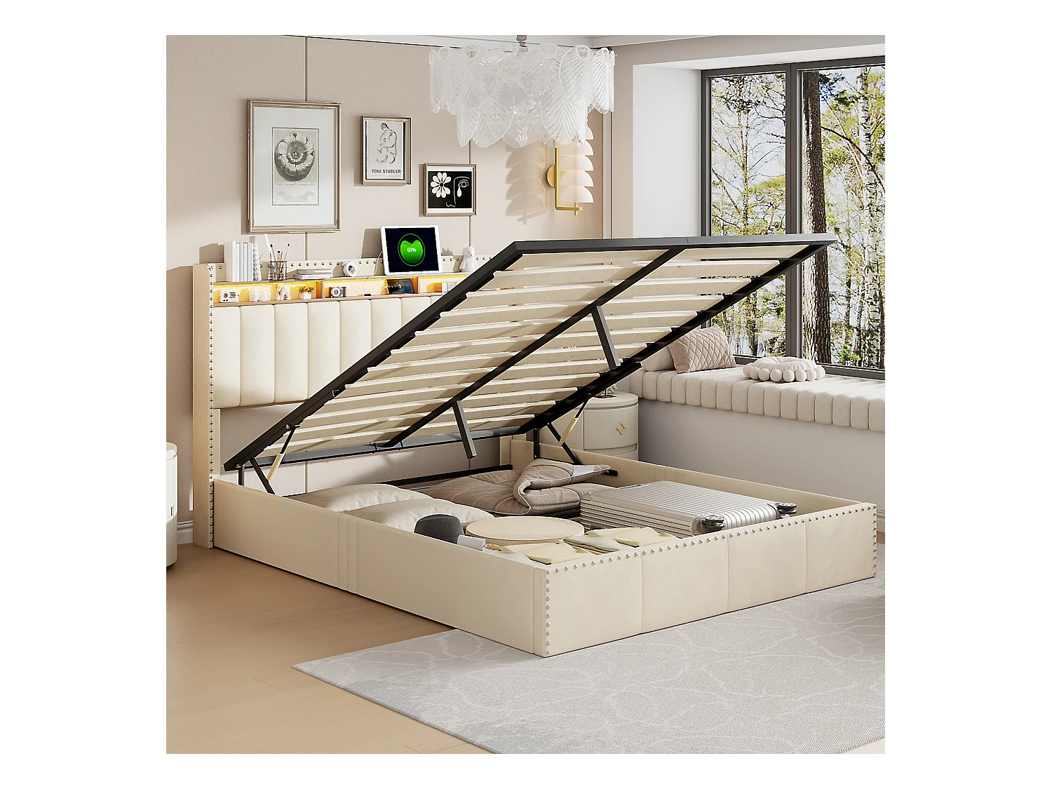 Lit Coffre 140x200 Cm, LED, Sommier à Lattes, USB Type-c, Capitonné Velours Beige