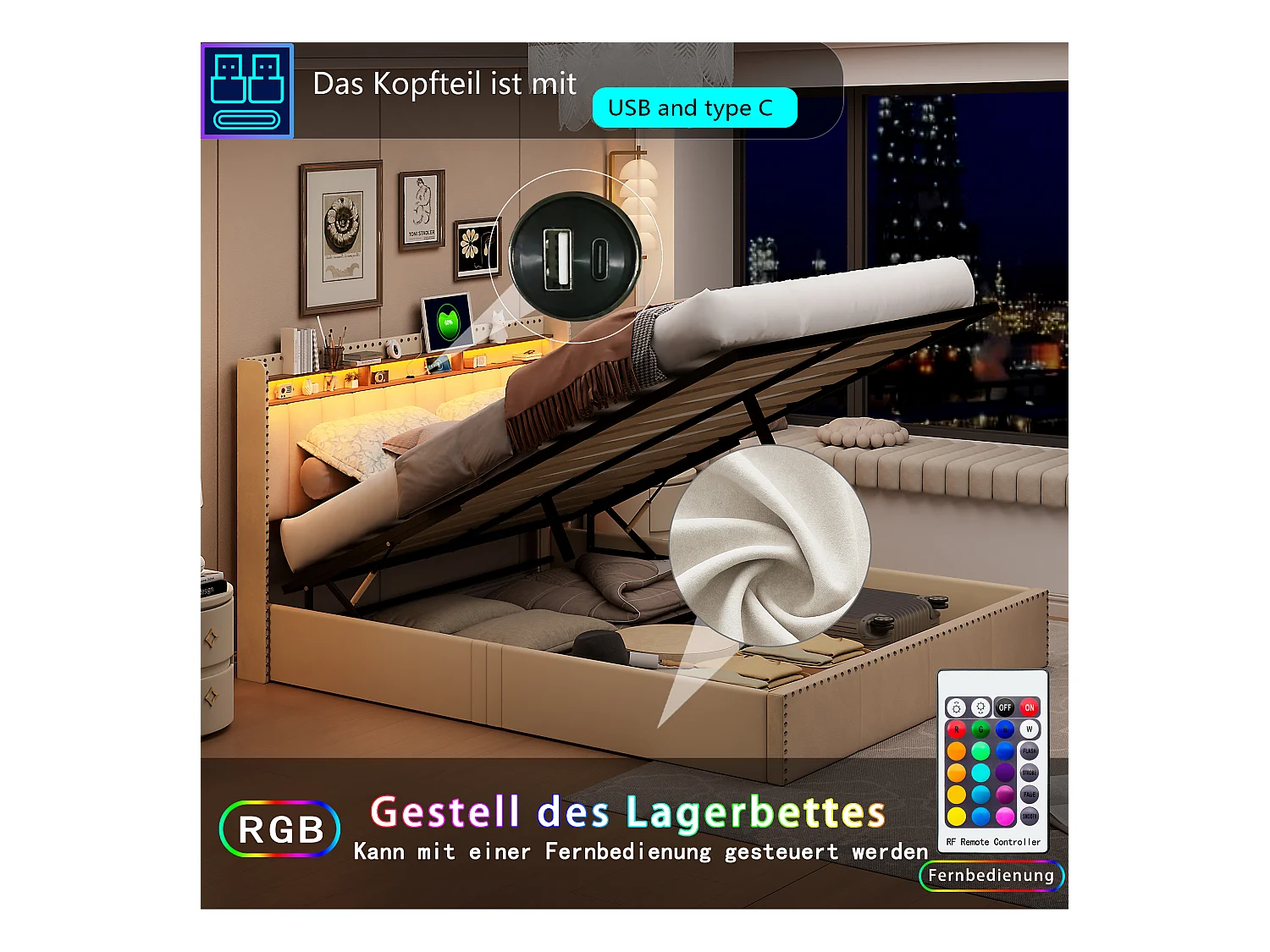 Lit Coffre 140x200 Cm, LED, Sommier à Lattes, USB Type-c, Capitonné Velours Beige