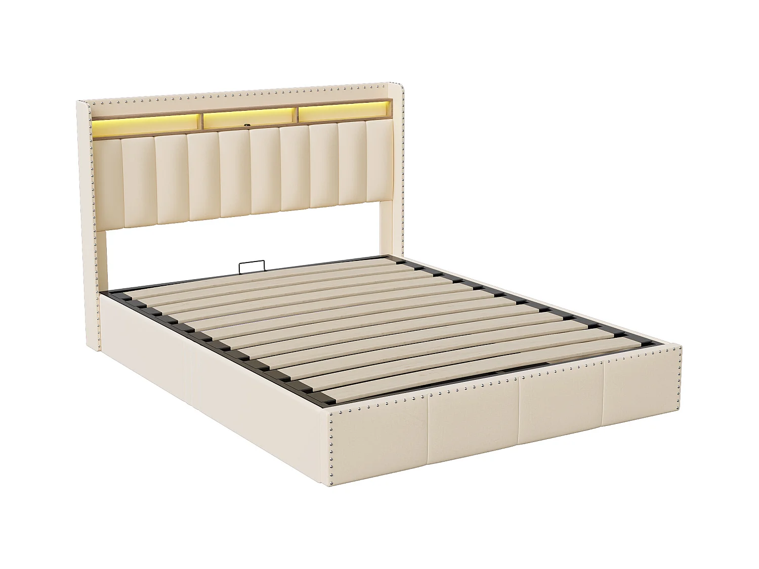 Lit Coffre 140x200 Cm, LED, Sommier à Lattes, USB Type-c, Capitonné Velours Beige