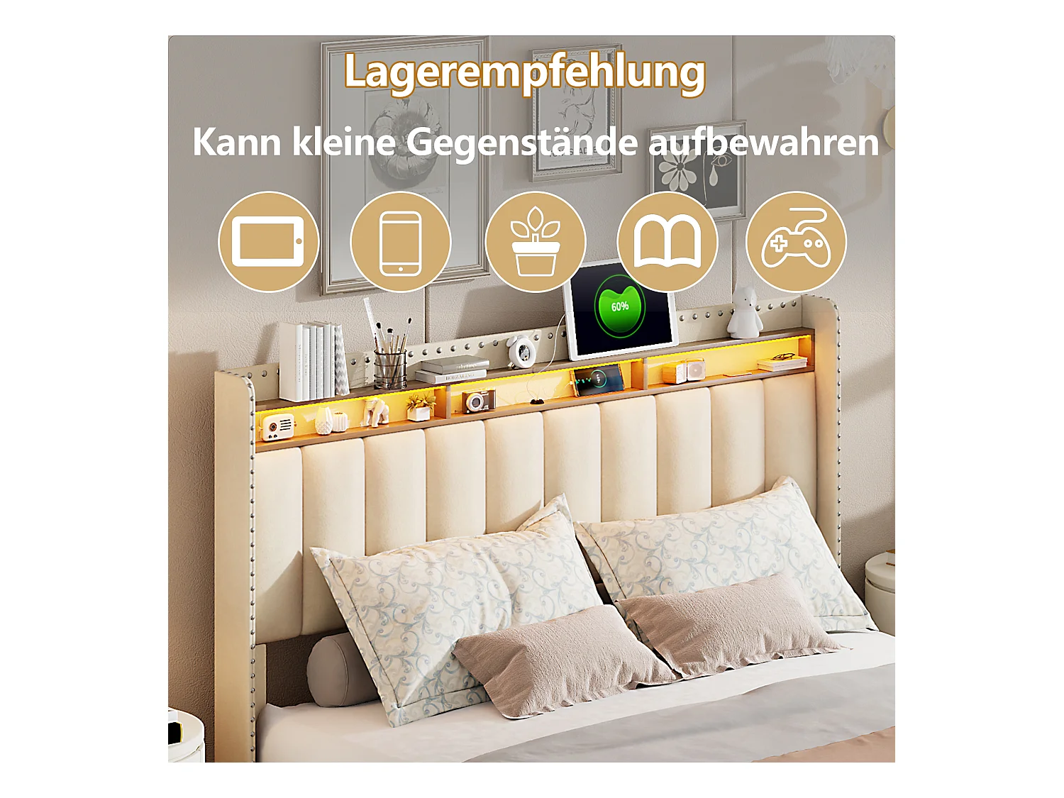 Lit Coffre 140x200 Cm, LED, Sommier à Lattes, USB Type-c, Capitonné Velours Beige