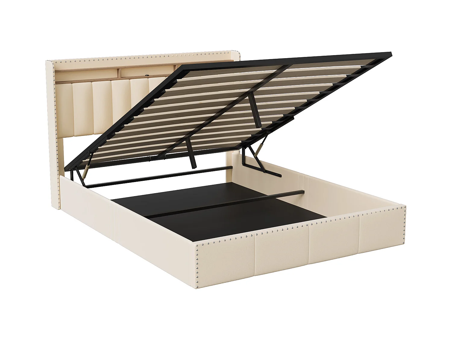 Lit Coffre 140x200 Cm, LED, Sommier à Lattes, USB Type-c, Capitonné Velours Beige