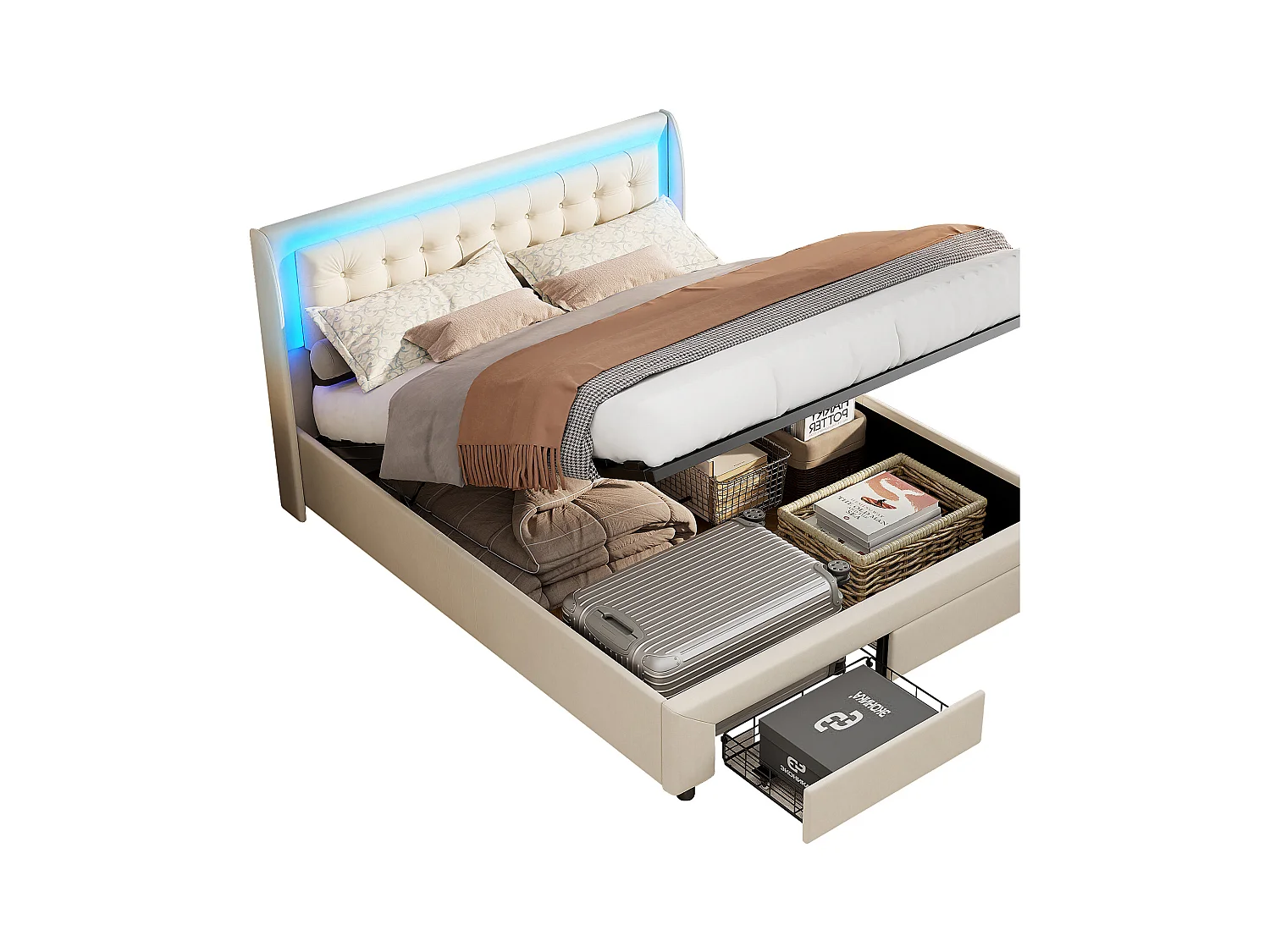 Lit Double 140x190 Cm Rembourré Avec LED, 2 Tiroir Et Coffre, Style Chesterfield, Velours Chic