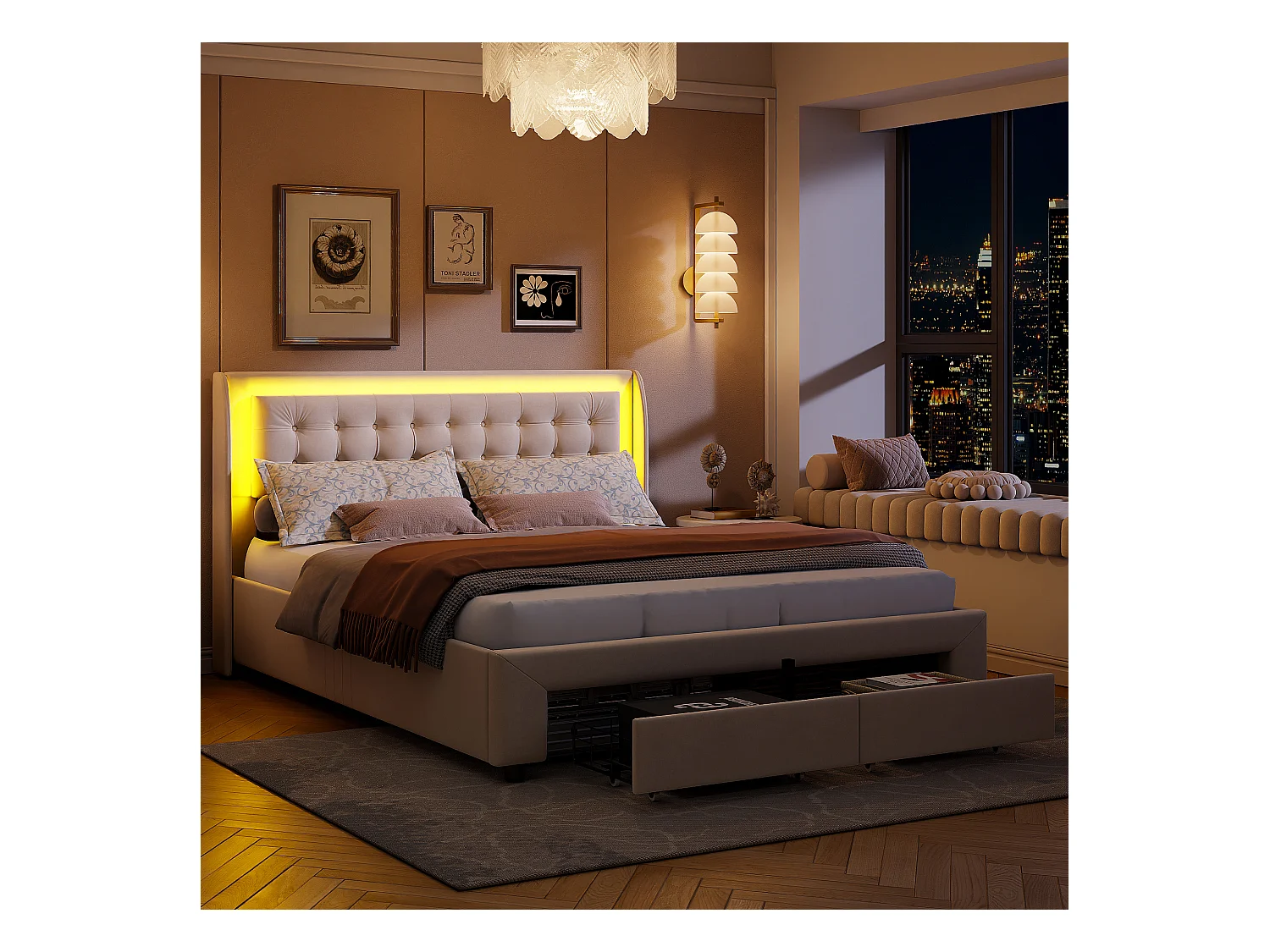 Lit Double 140x190 Cm Rembourré Avec LED, 2 Tiroir Et Coffre, Style Chesterfield, Velours Chic