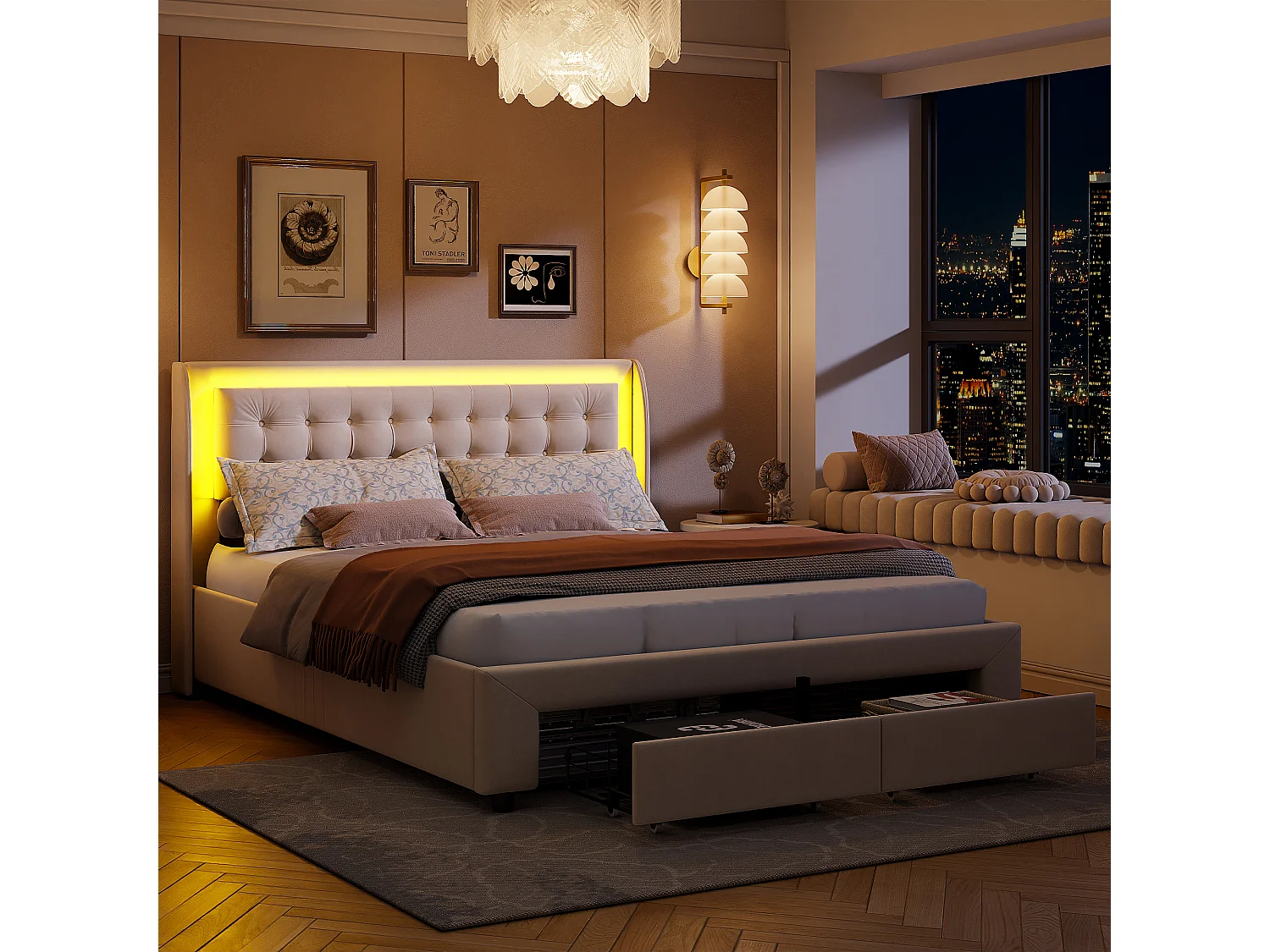 Cama de casal 140x190 cm estofada com LED, 2 gavetas e cômoda, estilo Chesterfield, veludo chique