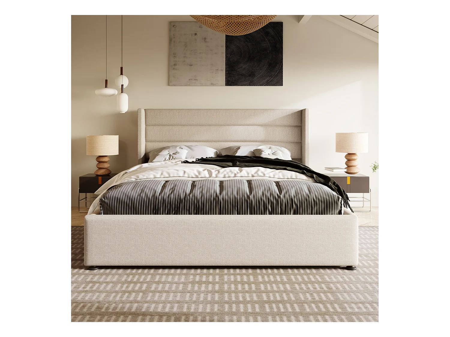 Cama doble con canapé, tapizada hidráulicamente, con somier de láminas de madera, color beige, 160 x 200 cm