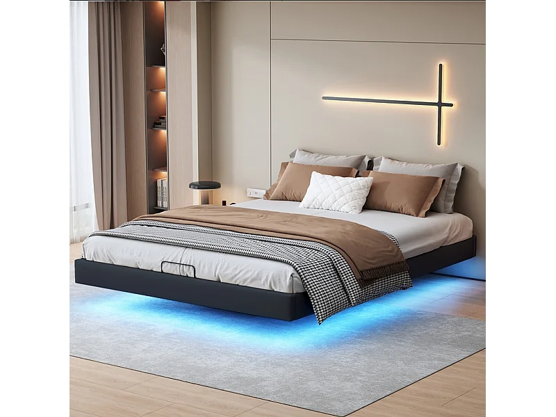 140x200 opbergbed met ledverlichting, gestoffeerd bed met lattenbodem, tweepersoonsbed, zwart