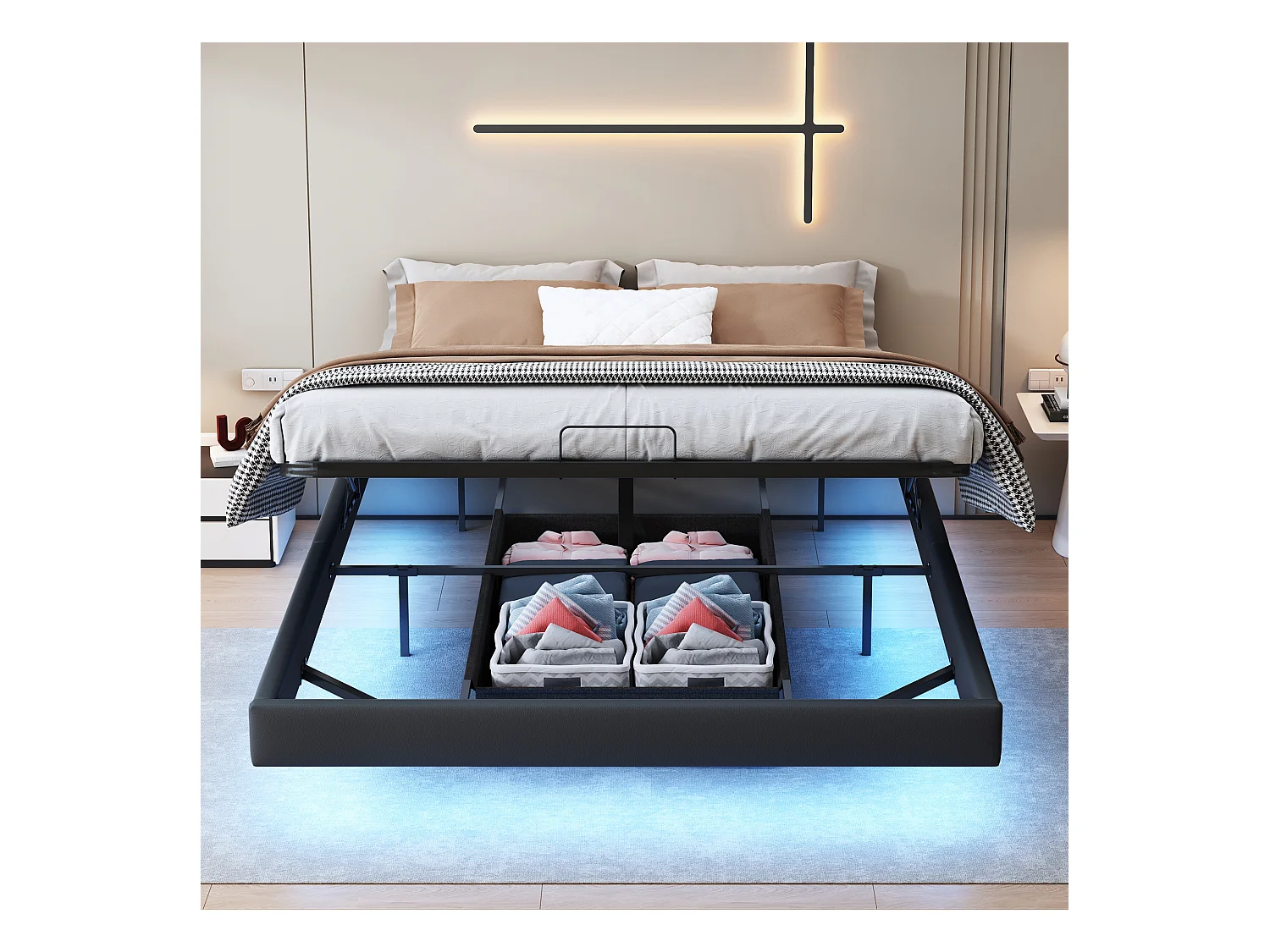 Lit Coffre 140x200 Avec Éclairage LED, Lit Capitonné Avec Sommier à Lattes, Lit Double, Noir