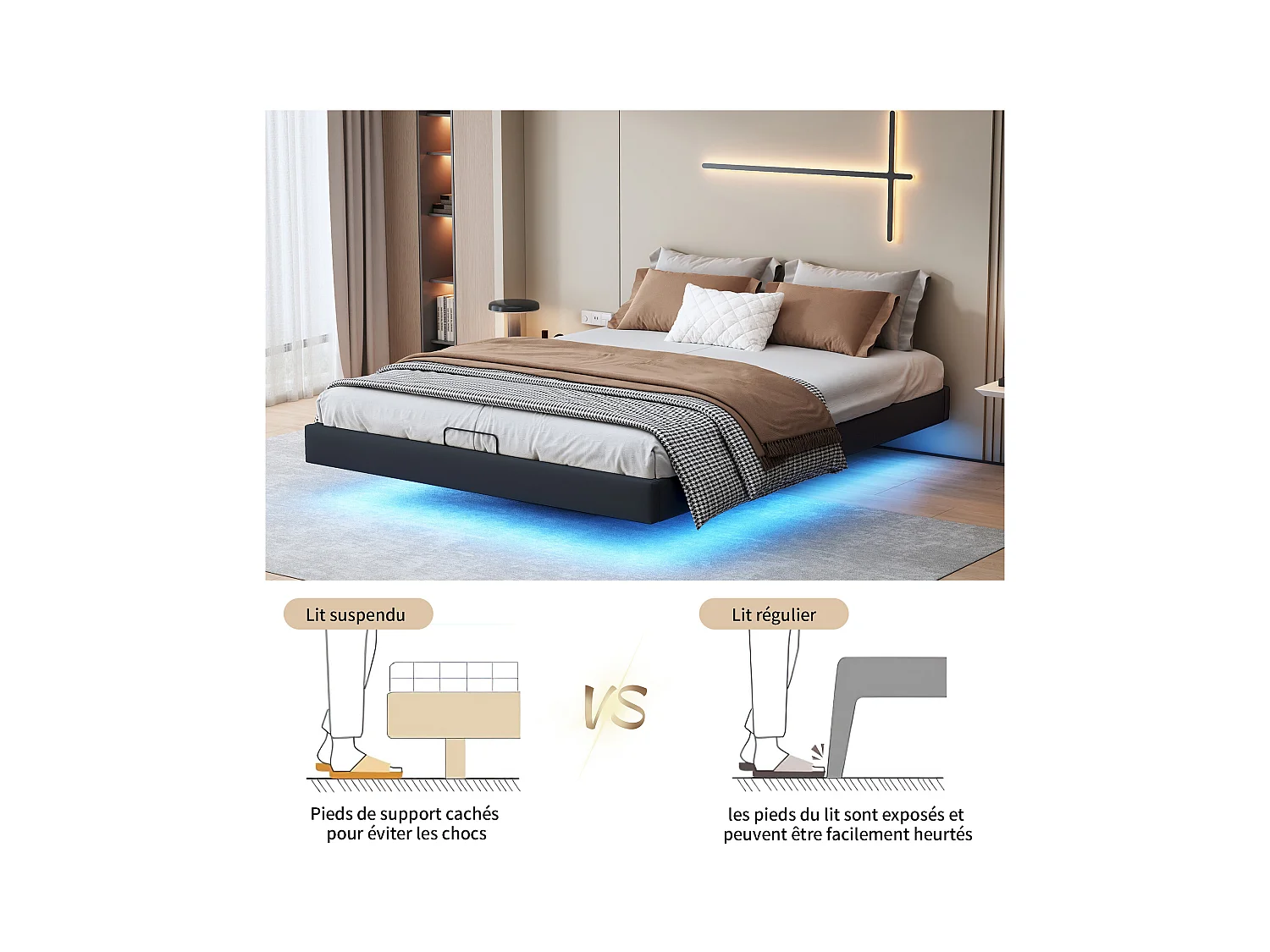 Lit Coffre 140x200 Avec Éclairage LED, Lit Capitonné Avec Sommier à Lattes, Lit Double, Noir