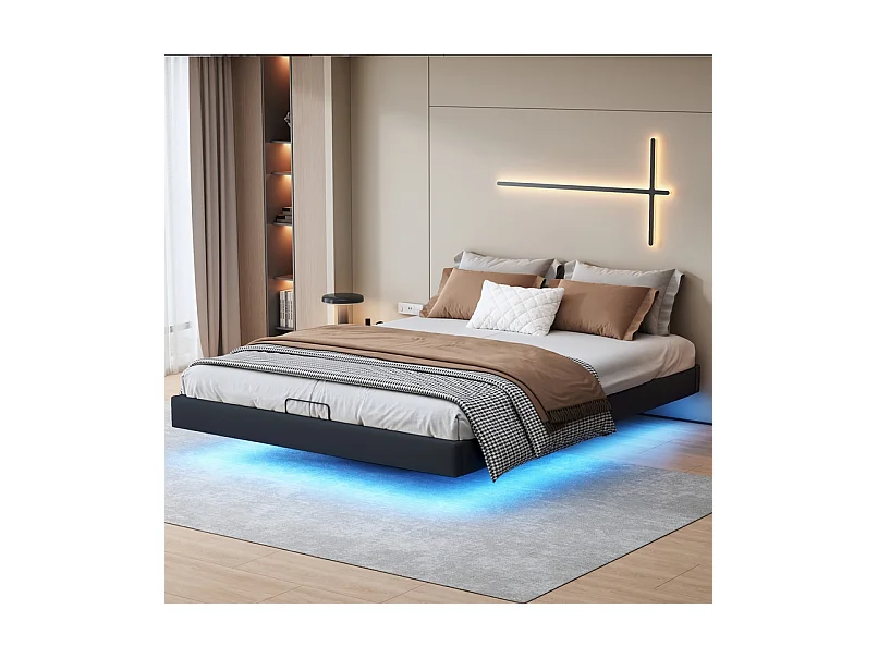 Lit Coffre 140x200 Avec Éclairage LED, Lit Capitonné Avec Sommier à Lattes, Lit Double, Noir