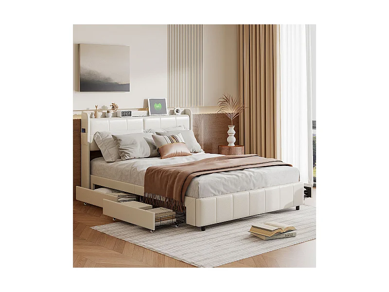Stauraumbett 140x200cm mit 4 Schubladen und USB und Typ-C, Doppelbett mit Lattenrost, Pu