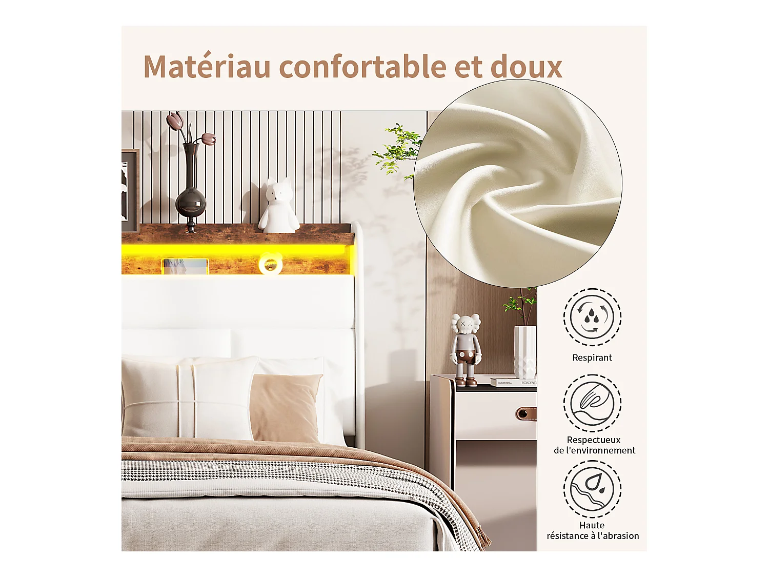 Lit Coffre 160x200 Avec Sommier Et USB, LED, Cadre De Lit Avec Rangement Et Tete De Lit, Blanc