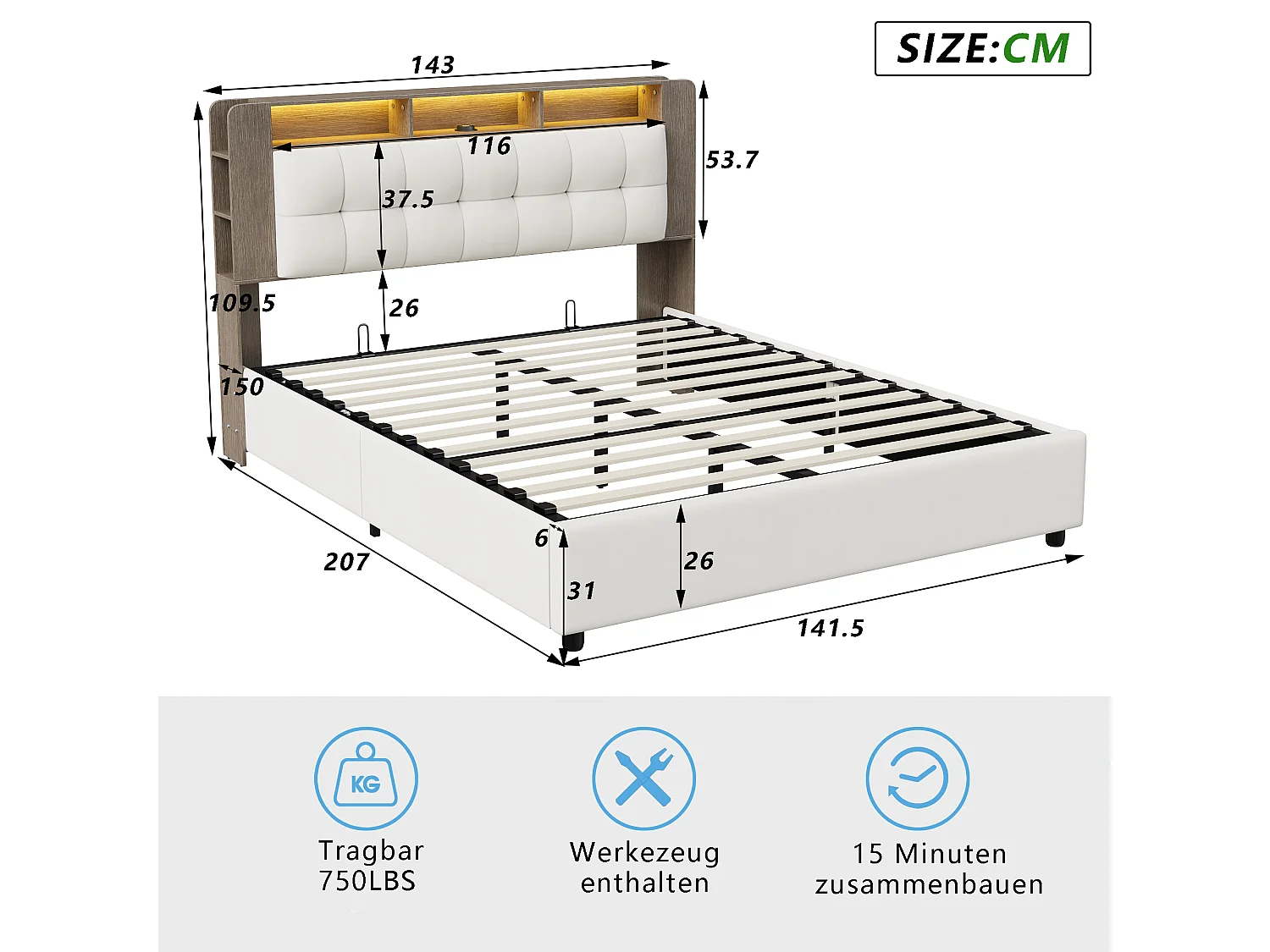 Gestoffeerd bed 140x200cm met lattenbodem, opbergbed en LED, fluweel, wit