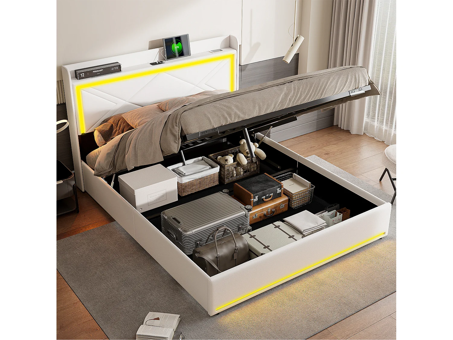 Lit Coffre 160x200 Avec LED Et USB, Lit Capitonné Avec Sommier à Lattes, Lit Double, Blanc