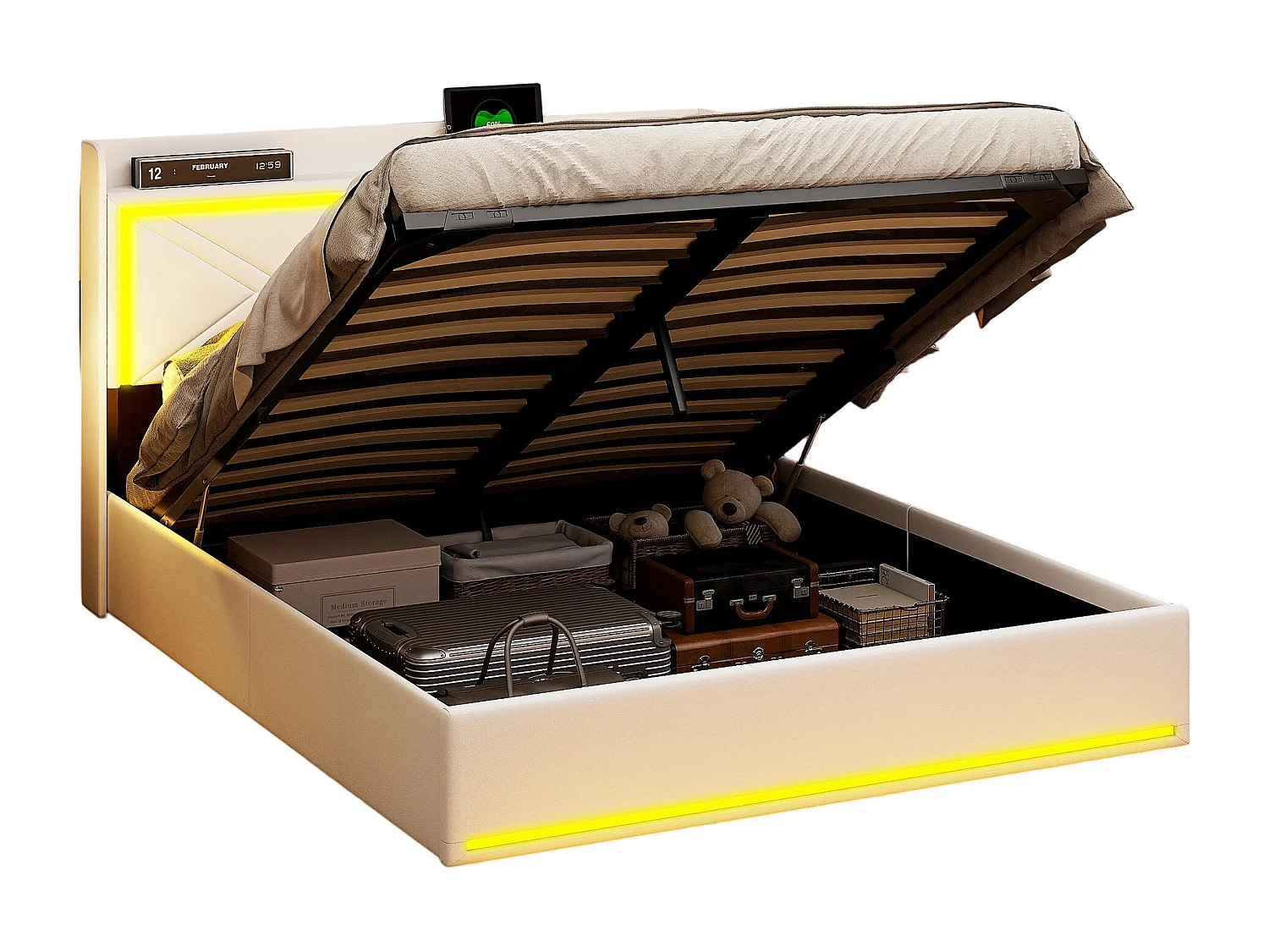Lit Coffre 160x200 Avec LED Et USB, Lit Capitonné Avec Sommier à Lattes, Lit Double, Blanc