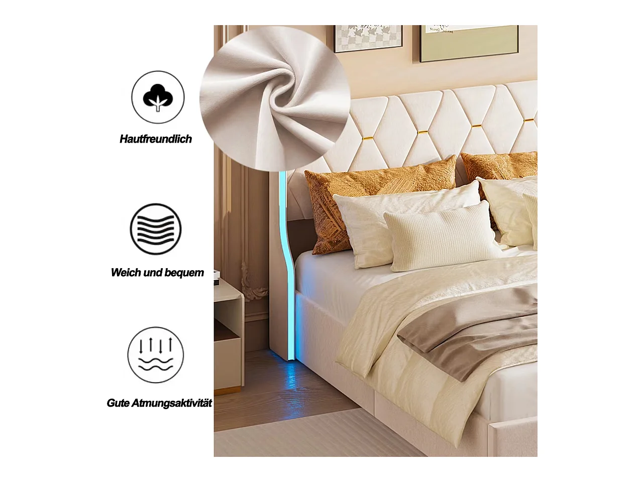 Lit Coffre 160x200 Cm Avec Rangement Et LED,cadre De Lit Avec Sommier à Lattes,velours,beige