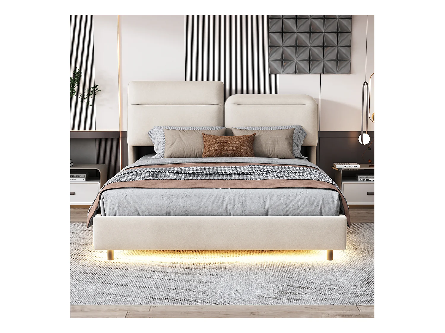 Lit Coffre 140x200 Cm Avec LED, Tête De Lit Est Pliable ,hydraulique, Velours, Beige