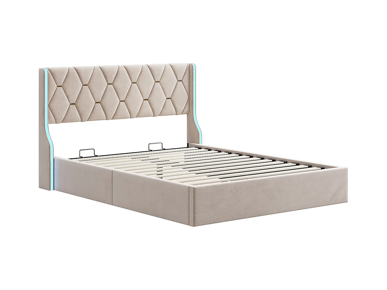 Lit Coffre 160x200 Avec Rangement Et LED, Lit Capitonné Avec Sommier à Lattes, Lit Double, Beige