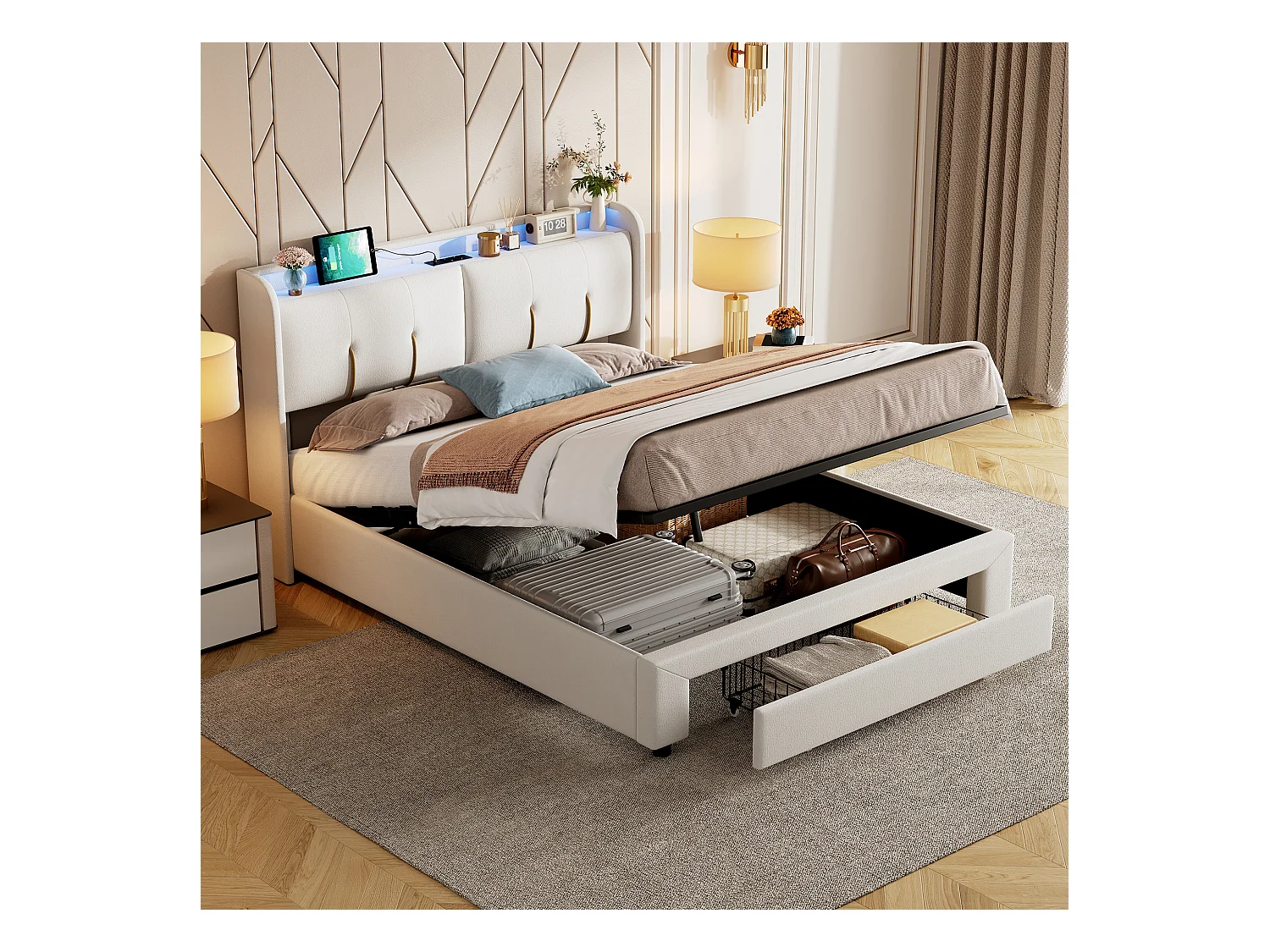 Lit Coffre 160x200 Cm Avec LED, Sommier à Lattes, USB Type-c, Capitonné Velours Blanc