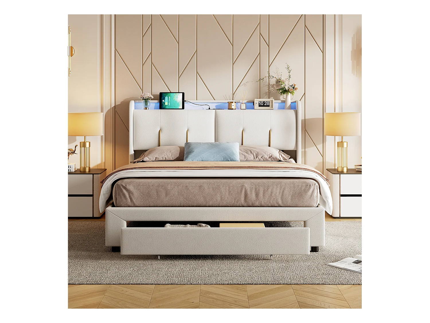 Lit Coffre 160x200 Cm Avec LED, Sommier à Lattes, USB Type-c, Capitonné Velours Blanc